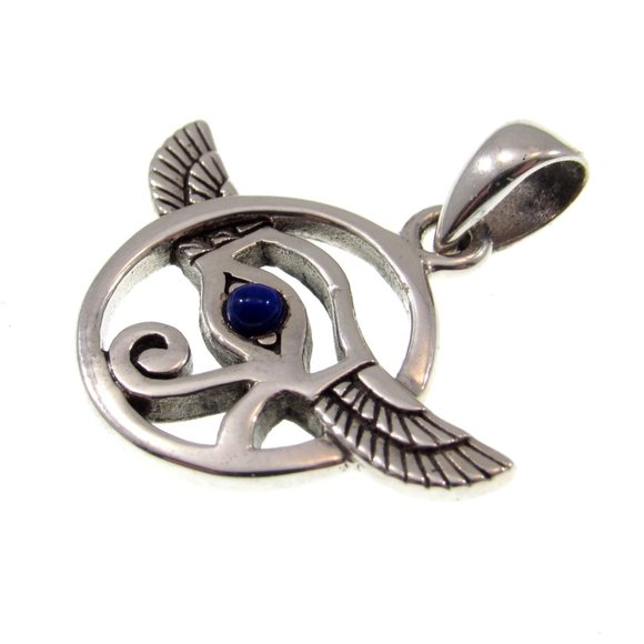 Solid 925 Sterling Silver Eye of Horus Falcon Wings Pendant With Lapis Lazuli - Picture 4 of 5